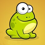 Zielona, uśmiechnięta żaba z dużymi oczami na żółtym tle