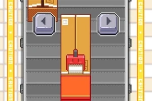 Pikselowa grafika przedstawiająca taśmociąg z kartonowym pudełkiem i oznaczeniami ostrzegawczymi po bokach