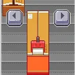 Pikselowa grafika przedstawiająca taśmociąg z kartonowym pudełkiem i oznaczeniami ostrzegawczymi po bokach