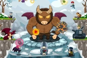 Ogromny minotaur z rogami i skrzydłami stoi na lodowej platformie, otoczony przez różne postacie uzbrojone w bronie i magiczne moce