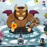 Ogromny minotaur z rogami i skrzydłami stoi na lodowej platformie, otoczony przez różne postacie uzbrojone w bronie i magiczne moce