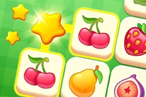 Kolorowe ikony owoców, takich jak wiśnie, gruszki i truskawki, z żółtymi gwiazdkami na zielonym tle