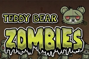Zielony pluszowy miś z czerwonymi oczami i napisami Teddy Bear Zombies na tle z innymi misiami zombie
