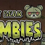 Zielony pluszowy miś z czerwonymi oczami i napisami Teddy Bear Zombies na tle z innymi misiami zombie