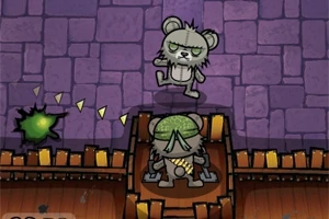 Rysunkowa scena z postacią przypominającą mysz w fioletowym korytarzu, strzelająca strzałkami w stronę potwora z roślinną głową na drewnianej platformie