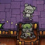 Rysunkowa scena z postacią przypominającą mysz w fioletowym korytarzu, strzelająca strzałkami w stronę potwora z roślinną głową na drewnianej platformie