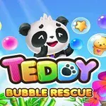 Panda otoczona kolorowymi bąbelkami i napisami, na tle nieba i egzotycznych kwiatów