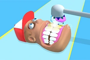 Postać w czapce leży z otwartymi ustami, a nad nimi unosi się narzędzie dentystyczne