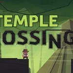 Napisy TEMPLE CROSSING na tle lasu z postacią w kapeluszu stojącą na platformie