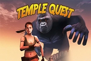 Kobieta w stroju poszukiwacza przygód i wielki goryl na tle napisu Temple Quest