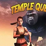 Kobieta w stroju poszukiwacza przygód i wielki goryl na tle napisu Temple Quest