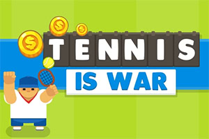 Postać animowana z rakietą tenisową i unoszącą się piłką, otoczona monetami na tle z napisem TENNIS IS WAR