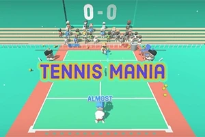 Na obrazku widoczny jest boisko do tenisa z cyfrowym wynikiem 0-0, napis TENNIS MANIA na środku oraz postać z podpisem ALMOST, a w tle trybuny z publicznością