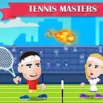 Dwóch rysunkowych tenisistów grających w tenisa na tle stadionu, z lecącą piłką w płomieniach