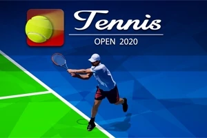 Mężczyzna w białej czapce i koszulce gra w tenisa na kolorowym korcie, a nad nim widnieje napis Tennis Open 2020