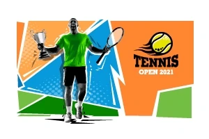 Mężczyzna w zielonej koszulce trzymający trofeum i rakietę tenisową na tle kolorowych geometrycznych kształtów z napisem Tennis Open 2021