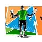 Mężczyzna w zielonej koszulce trzymający trofeum i rakietę tenisową na tle kolorowych geometrycznych kształtów z napisem Tennis Open 2021