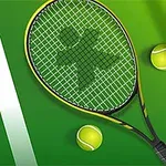 Rakieta tenisowa i trzy piłki tenisowe na zielonym tle