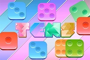 Kolorowe klocki z różnorodnymi wzorami i napisem TEN na pastelowym tle z ukośnymi pasami