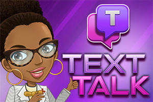 Postać animowana w okularach z podniesionym kciukiem, obok niej znajduje się napis Text Talk, na fioletowym tle z ikoną dymku tekstowego