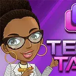 Postać animowana w okularach z podniesionym kciukiem, obok niej znajduje się napis Text Talk, na fioletowym tle z ikoną dymku tekstowego