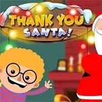 Święty Mikołaj z brodą w czerwonym stroju i uśmiechnięty chłopiec w okularach na tle kominka z napisem Thank You Santa!