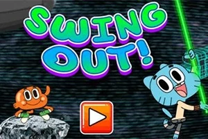 Dwie animowane postacie na tle kosmicznym z kolorowym napisem Swing Out!
