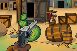 Kreskówkowa scena na Dzikim Zachodzie z dwoma rewolwerowcami celującymi do siebie, otoczeni drewnianymi skrzyniami, beczkami i kaktusami