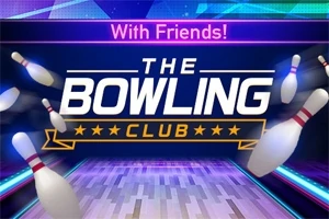 Logo z napisem The Bowling Club otoczone kręglami na kolorowym tle z napisem With Friends!