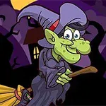 Zielona czarownica z dużym kapeluszem latająca na miotle na tle nocnego krajobrazu z księżycem i domem