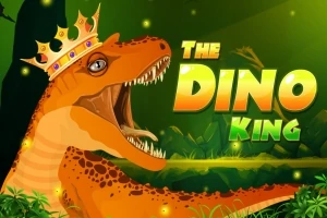 Ilustracja przedstawia pomarańczowego dinozaura w koronie z otwartą paszczą na tle zielonego lasu z napisem The Dino King