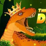 Ilustracja przedstawia pomarańczowego dinozaura w koronie z otwartą paszczą na tle zielonego lasu z napisem The Dino King
