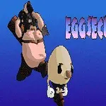 Postać jajka w rękawiczkach i czarnych butach na niebieskim tle z różowym napisem EGGSECUTIONER