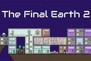 Pixele krajobraz z futurystycznymi budynkami na tle nocnego nieba z napisem The Final Earth 2