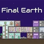 Pixele krajobraz z futurystycznymi budynkami na tle nocnego nieba z napisem The Final Earth 2