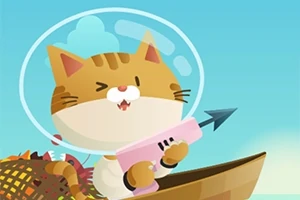 Kot w hełmie kosmicznym na łódce trzymający różową strzelbę harpunową