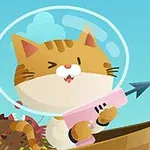 Kot w hełmie kosmicznym na łódce trzymający różową strzelbę harpunową