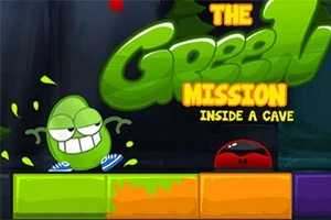 Zielona postać z uśmiechem i niebieskimi butami stoi obok czerwonej postaci na kolorowych blokach, z napisem The Green Mission Inside a Cave