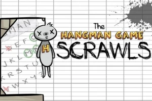 Rysunkowa postać wisielca na tle kartki papieru z dużymi napisami „The Hangman Game Scrawls”