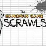 Rysunkowa postać wisielca na tle kartki papieru z dużymi napisami „The Hangman Game Scrawls”