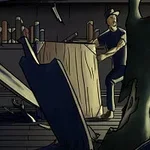 Mężczyzna przestraszony dużą, zieloną ręką wyłaniającą się z ziemi, w pokoju pełnym książek