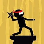 Czarna, kijankowa postać z czerwoną opaską na głowie trzymająca gwiazdki ninja na żółtym tle