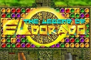 Kolorowe kamienie i złoty wzór z tekstem The Legend of El Dorado na tle azteckich symboli