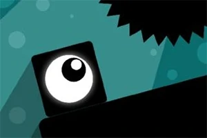 Czarny kwadrat z dużym białym okiem na ciemnozielonym tle z zębatym kształtem w prawym górnym rogu