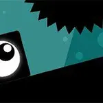 Czarny kwadrat z dużym białym okiem na ciemnozielonym tle z zębatym kształtem w prawym górnym rogu