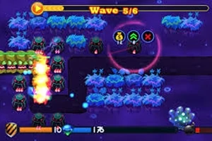 Kolorowa scena z falą kosmitów poruszających się wzdłuż wyznaczonej ścieżki na tle futurystycznego krajobrazu