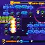 Kolorowa scena z falą kosmitów poruszających się wzdłuż wyznaczonej ścieżki na tle futurystycznego krajobrazu