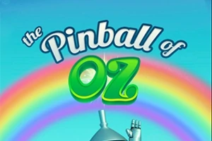 Napis the Pinball of Oz na tle tęczy z fragmentem postaci w srebrnym hełmie i uniesioną ręką