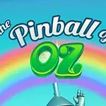 Napis the Pinball of Oz na tle tęczy z fragmentem postaci w srebrnym hełmie i uniesioną ręką