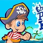 Chłopiec w kapeluszu pirata biegnący po piaszczystej plaży, z palmami w tle i statkiem na wodzie, z napisem the Pirate Kid